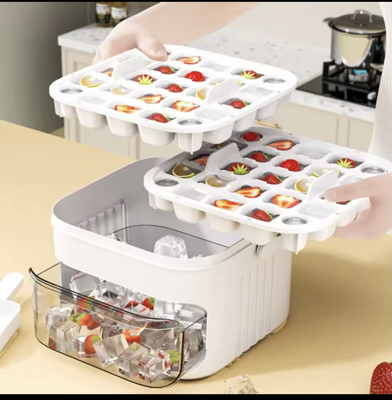 50-Cube Ice Maker with Easy Press Cap Double Layer Ice Cube Maker Refrigerator Household Ice Storage Ice Box