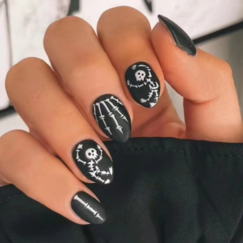 Black Matte Short Round Skull Halloween Fake Nails