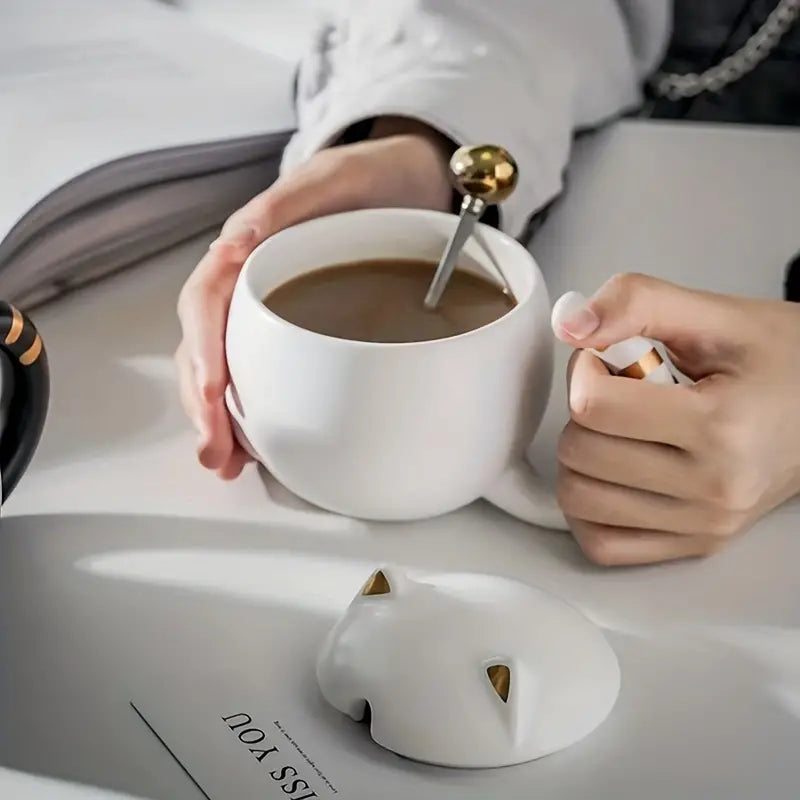Creative Ceramic Cat Mug with Lid and Spoon for Gifts