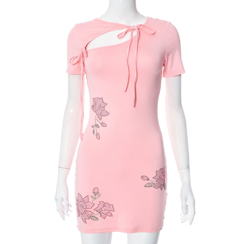 Summer Lace-up Short-sleeved Rhinestone Flower Dress