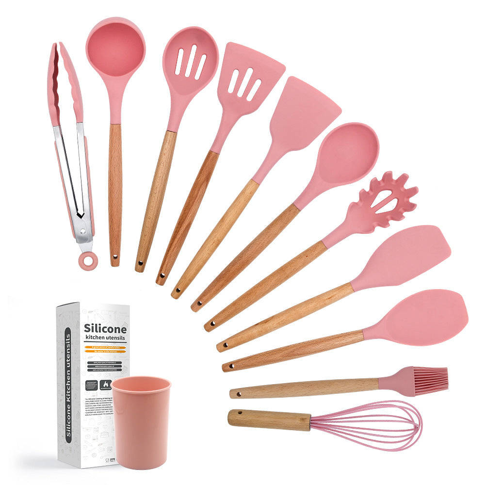 Wooden Handle Silicone Kitchen Utensil Set (11 Pieces)