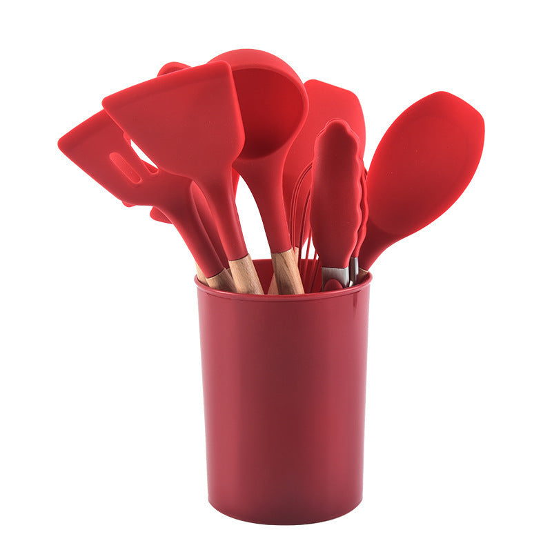 12-Piece Silicone Kitchen Utensil Set with Wooden Handles