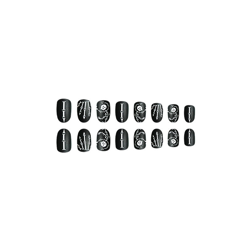 Black Matte Short Round Skull Halloween Fake Nails