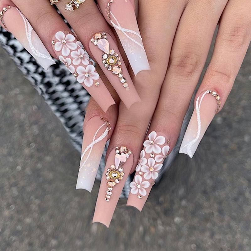 Gradient White Colorful Glitter Fake Nails for Girls