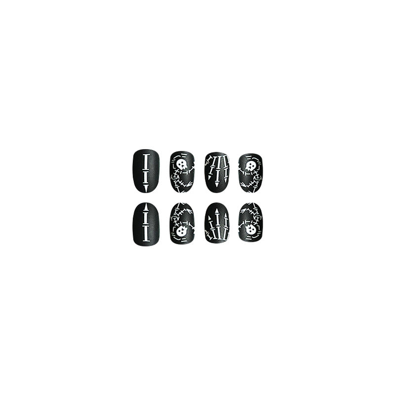 Black Matte Short Round Skull Halloween Fake Nails