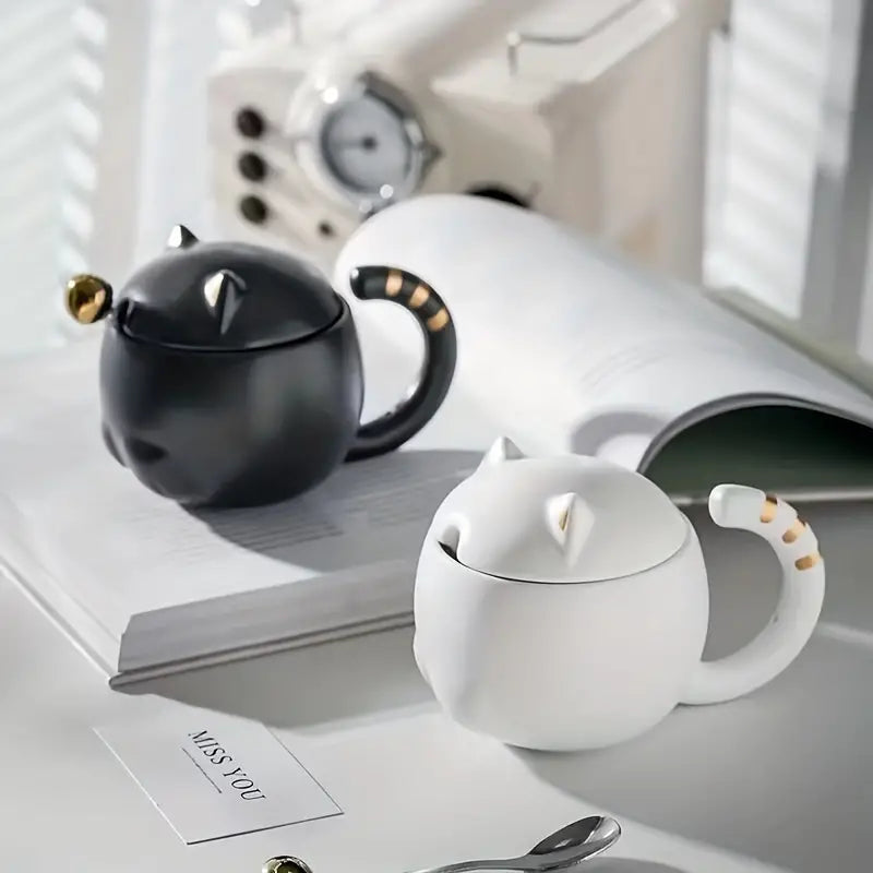Creative Ceramic Cat Mug with Lid and Spoon for Gifts