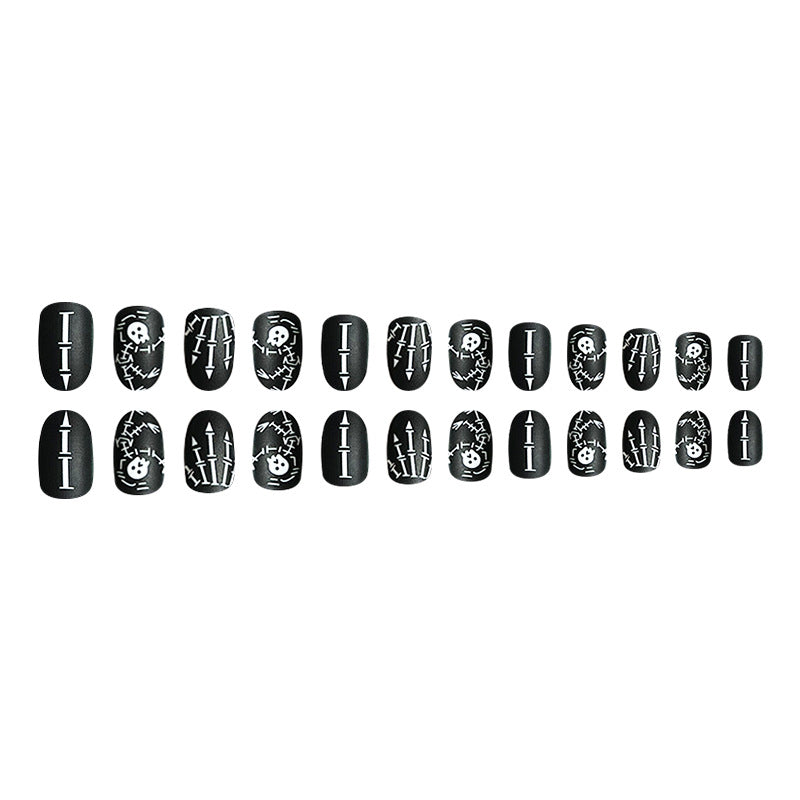 Black Matte Short Round Skull Halloween Fake Nails